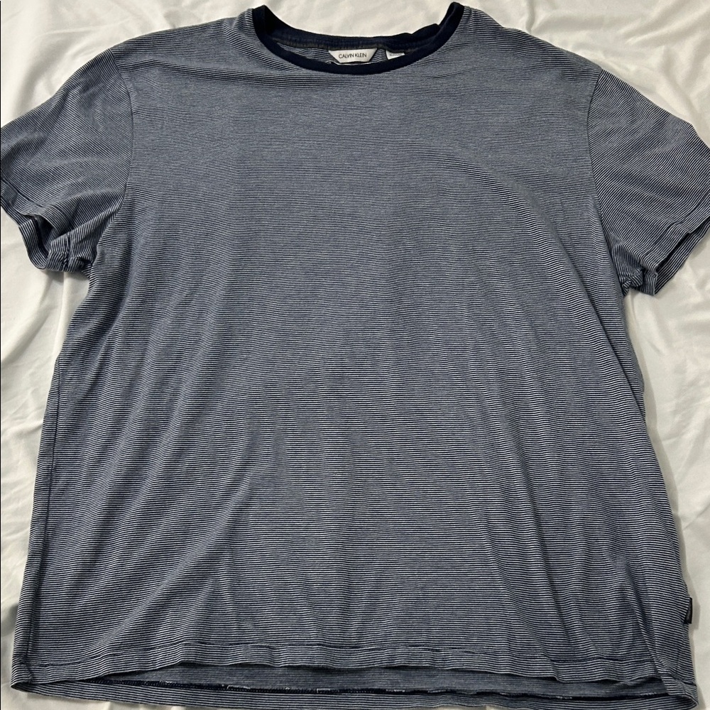 Calvin Klein Men's Blue and Gray Striped Short Sleeve Tee